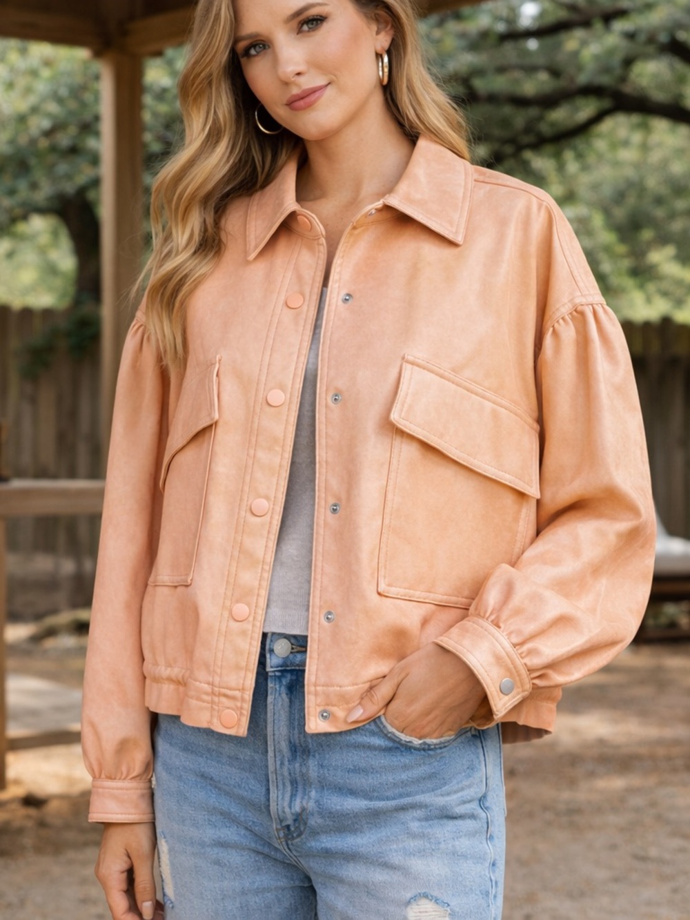 7 For All Mankind Peach Faux Leather Puff Sleeve Jacket NWT Small